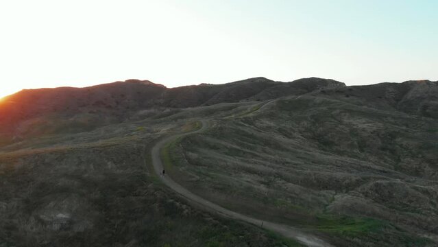 Haskell Canyon Open Space Santa Clarita Hills Drone Shot Sunset With Hikers Walking