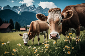cows on a flower meadow with daisies in the mountains illustration Generative AI