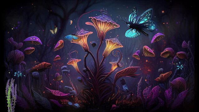 Colorful animation of butterflies and fireflies in a magical fantasy forest, misty and dreamy atmosphere, fairy tale enchantments and mythical concept.
