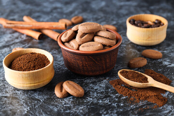 Concept of tasty snack for hot drink - cookies in the shape of coffee seeds