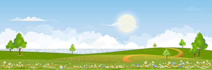 Obraz na płótnie Canvas Spring green fields landscape by the lake,blue sky and clouds background,Panorama peaceful rural nature in springtime with green grass land. Cartoon vector illustration for spring and summer banner