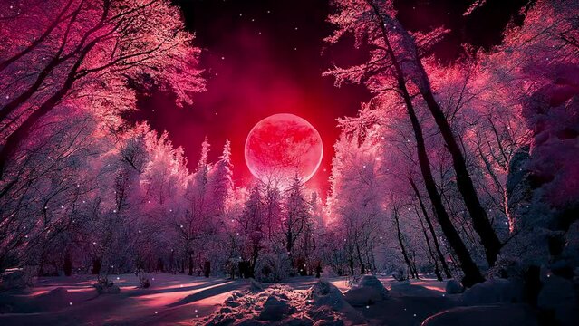 Colorful animation of fantasy winter landscape with a red moon, misty and dreamy atmosphere, fairy tale magic, enchantments and mythical concept.