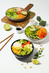 Bowls with tasty and nutritious food, delicious homemade lunch
