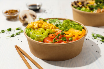 Bowls with tasty and nutritious food, delicious homemade lunch
