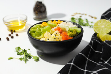Bowl with tasty and nutritious food, delicious homemade lunch