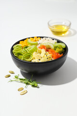 Bowl with tasty and nutritious food, delicious homemade lunch