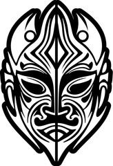 Vector tattoo of a Polynesian god mask in black and white.