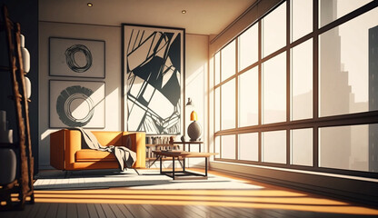 Modern apartment with big windows and abstract art frame on the wall. Generative Ai.
