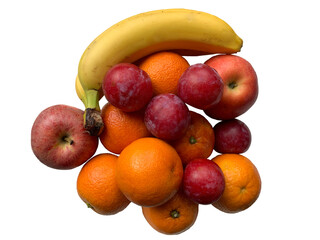 various fruits: banana, apple, orange and plum