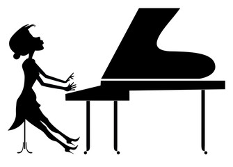 Pianist woman, piano. Art silhouette. 
Woman playing piano with inspiration. Black silhouette on white background
