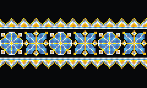 Cross-Stitch Embroideried Seamless Border with Ornate Element. Ethnic Motif, Handmade Stylization. Traditional Ukrainian Yellow and Blue Embroidery. Ethnic Design Element. Vector 3d Illustration