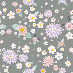 Fototapeta na wymiar Botanical seamless pattern, various pink and purple flowers with green leaves on a gray background, vintage pastel theme.
