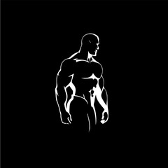 Fototapeta na wymiar Bodybuilder male figure icon, GYM logo template, athletic man sign white silhouette on black background. Vector illustration