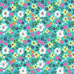 A pattern of neutral beige, pink, yellow and blue flowers with green leaves on a turquoise background is a seamless floral vector repeating pattern.