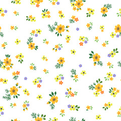 A pattern of small yellow, purple and soft orange flowers with green leaves on a white background. Seamless floral vector repeating pattern.