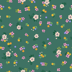 A pattern of pink, orange, purple and soft neutral beige flowers with green leaves. Seamless floral vector repeating pattern on a green background.