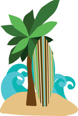 Vector illustration in flat style. Palm trees, sand, waves, surfboard. Logo, summer