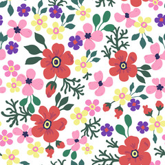 A pattern of neutral red, light yellow, pink and purple flowers with green leaves on a white background. Seamless floral vector repeating pattern.