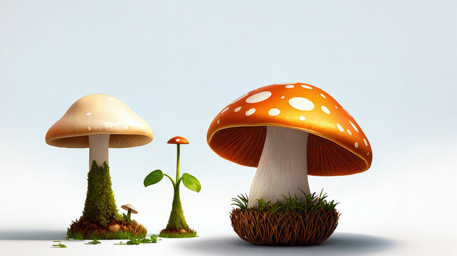 ilustration of mushrooms with some grass on white isolated background, generative AI