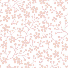 Seamless pattern of pink flowers and pink contour branches. On a light background.