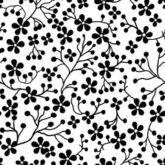 Seamless pattern of black flowers and black contour branches. On a white background.
