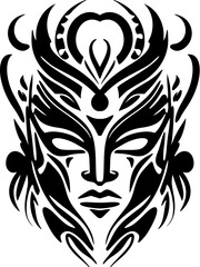 .Vector tattoo of a Polynesian god mask, drawn in black and white.