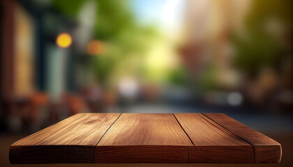 Realistic wooden board, wooden plank with unfocused nature background, Generative AI