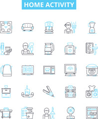 Home activity vector line icons set. Cleaning, Cooking, DIY, Gardening, Painting, Gaming, Exercising illustration outline concept symbols and signs