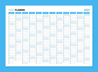 Planner calendar for 2024 year, wall organizer, yearly scheduler. Corporate and business planner template, 12 months set. Annual printable wall calendar with space for notes vector illustration