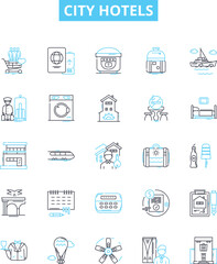 City hotels vector line icons set. city hotels, urban hotels, city centre hotels, inner-city hotels, downtown hotels, hotel accommodation, hotel rooms illustration outline concept symbols and signs