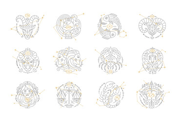 Set of twelve constellations with Zodiac symbols and constellations. Gemini, Pisces, Aquarius and Sagittarius Astrology horoscope signs and stars on white background thin line vector illustration © Sunflower