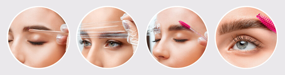 The make-up artist does Long-lasting styling of the eyebrows of the eyebrows and will color the...