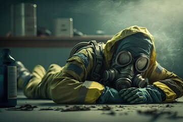 Man in gas mask sleeping on the floor, conceptual image of disaster. Generative AI