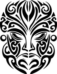 Vector tattoo sketch of Polynesian god mask, in black and white.