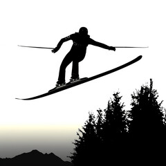 silhouette, sport, ski, winter, skier, skiing, sports, snow, vector, illustration, people, player, sunset, golf, hockey, competition, athlete, action, woman, black, fun, jump, generated ai