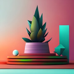 Podium platform with geometric shapes and nature background, paper illustration, and 3d paper.