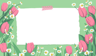 Spring background with pink tulips and daisies. Flowers background for design.