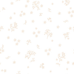 Seamless ornament, beige silhouette lines with floral pattern. White background with flowers. Vector illustration. Simple minimalistic pattern.