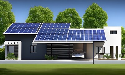  Prosta ilustracja przedstawiająca dom z panelami słonecznymi, nowoczesna technologia, ochrona środowiska, czysta energia, oszczędność. Wygenerowane przy użyciu AI. - obrazy, fototapety, plakaty