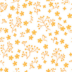 Seamless ornament, orange outline with yellow silhouette flowers. White background with flowers. Vector illustration. Simple minimalistic pattern.