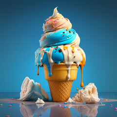 Sweet frozen blue white 3d ice cream on blue background. Concept for National Ice Cream Day or Dessert Day. Generative AI