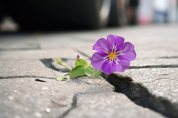 Crocuses - blooming purple flowers making their way from under the snow in early spring