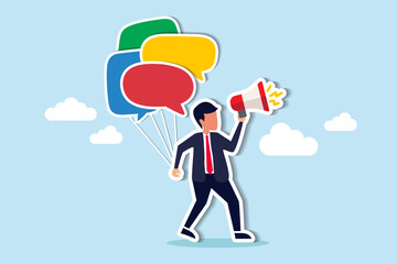 Communication or PR, Public Relations manager to communicate company information and media, announce sales or promotion concept, businessman holding speech bubble balloons while talking on megaphone. 