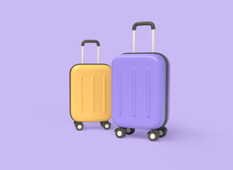 3d two suitcases in cartoon style. travel and tourism concept. summer holiday planning. illustration isolated on purple background. 3d rendering