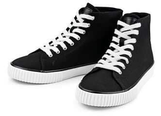Black casual high tops sneakers isolated on transparent background. Full Depth of Field