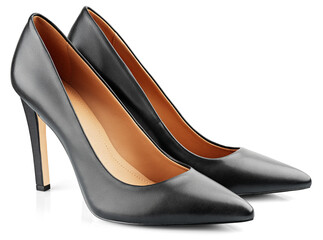 Black leather high heeled women shoes or Stilettos isolated on transparent background. Full Depth...