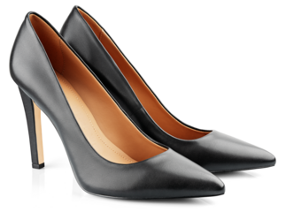 Black leather high heeled women shoes or Stilettos isolated on transparent background. Full Depth of Field