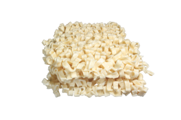 Two fat and flat Instant noodles ramen isolated on transparent background, png file, flatlay 45 degree front view commercial stock photo.