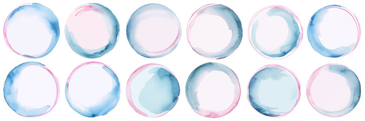 set of brush watercolor painted blue and pink colored  circle banners. Created with Generative AI
