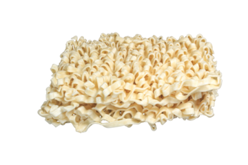 One stack of two flat Instant ramen noodles, isolated on transparent background, png file, 45 degree side view commercial stock photo.